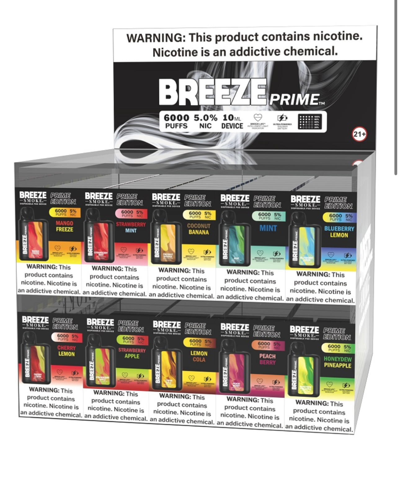 Breeze prime display DEAL 100pc Cherry Lemon, Mint, Peach Berry, Strawberry apple , Blueberry lemon, Honeydew Melon Coconut banana, strawberry mint, mango, lemon cola