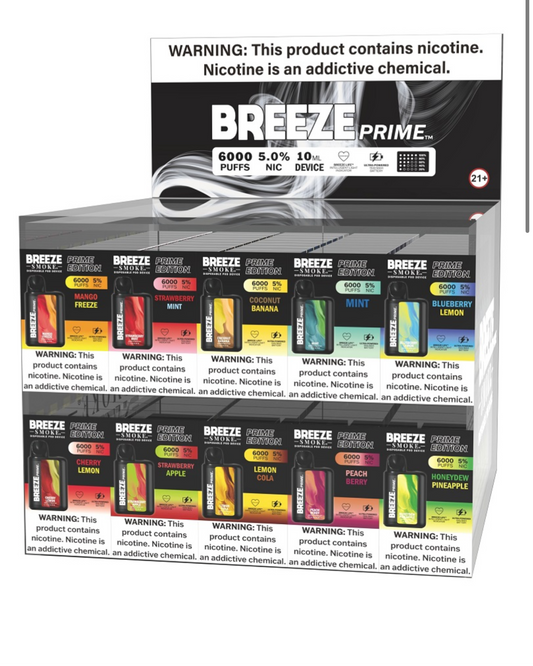 Breeze prime display DEAL 100pc Cherry Lemon, Mint, Peach Berry, Strawberry apple , Blueberry lemon, Honeydew Melon Coconut banana, strawberry mint, mango, lemon cola
